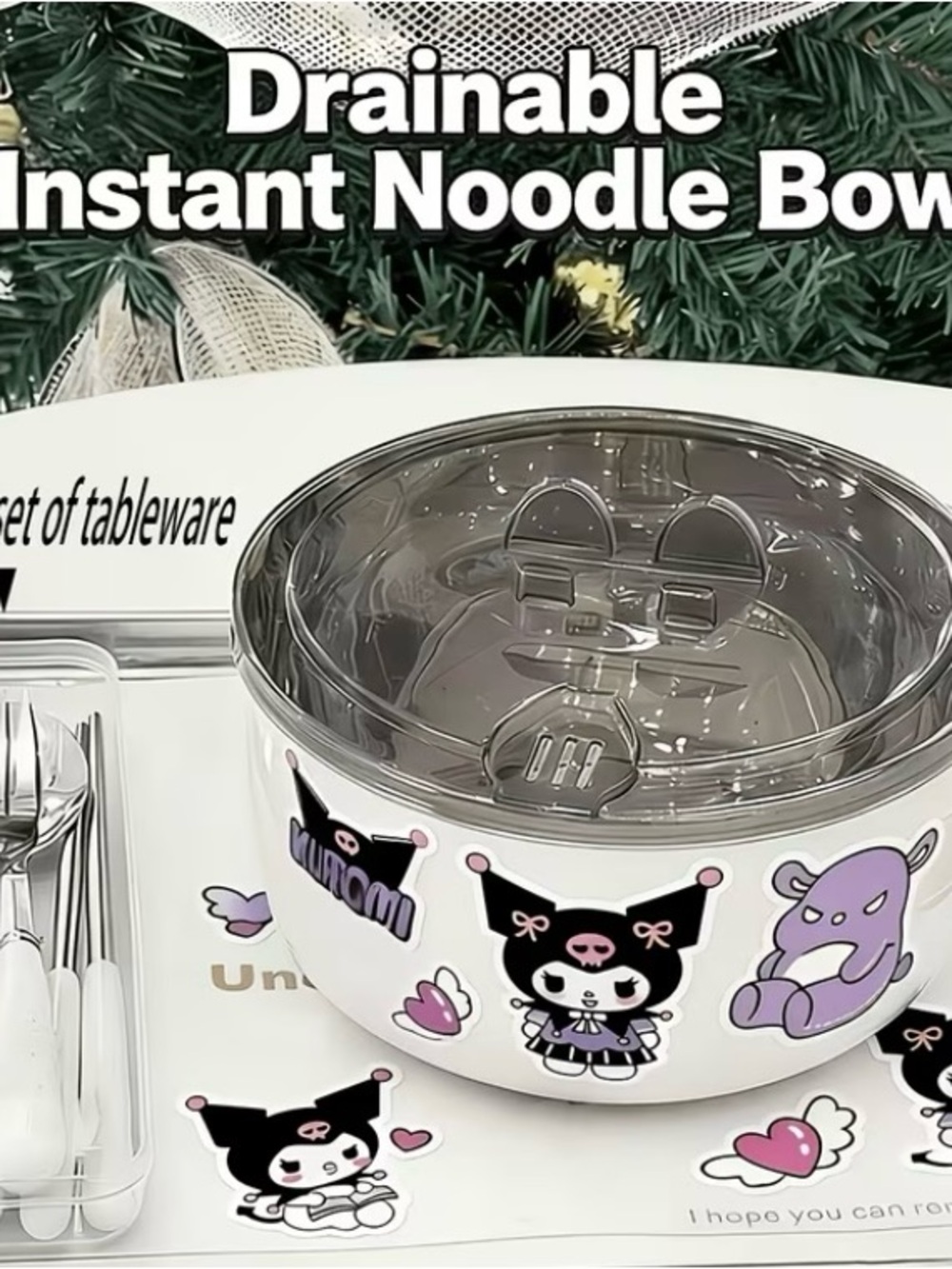 Kuromi Drainable Instant Noodle Bowl - with phone holder- white
